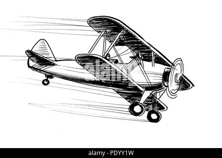 Volo biplano retrò. L'inchiostro bianco e nero illustrazione Foto Stock