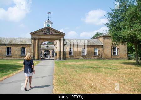 Turista femminile a camminare verso l'ingresso del cortile cafe a Renishaw Hall e giardini, Renishaw, Derbyshire, Regno Unito Foto Stock