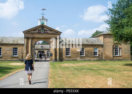 Turista femminile a camminare verso l'ingresso del cortile cafe a Renishaw Hall e giardini, Renishaw, Derbyshire, Regno Unito Foto Stock