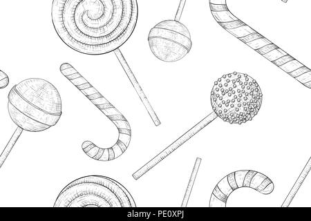 Caramelle e dolci. Modello senza giunture. Mano bozzetto Illustrazione Vettoriale