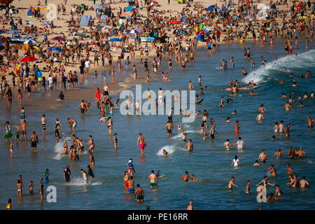 Dicembre 30, 2017: temperature oltre i 35 gradi Celsius tirare di masse di persone per la città affollate spiagge di Sydney, qui la spiaggia di Bondi, Sydney, Austral Foto Stock