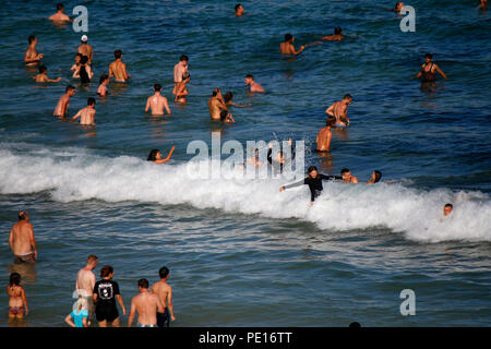 Dicembre 30, 2017: temperature oltre i 35 gradi Celsius tirare di masse di persone per la città affollate spiagge di Sydney, qui la spiaggia di Bondi, Sydney, Austral Foto Stock