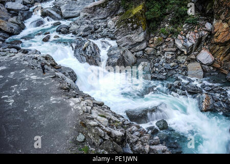 Piccolo ruscello al Thunder Creek Trail nel South Island, in Nuova Zelanda. Foto Stock