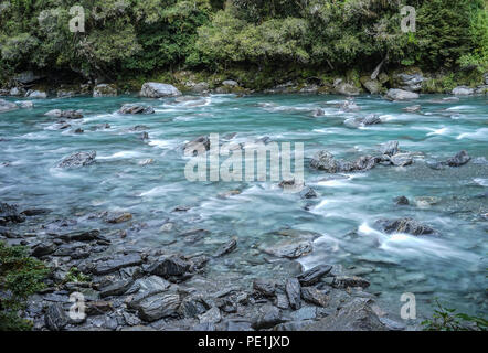 Piccolo ruscello al Thunder Creek Trail nel South Island, in Nuova Zelanda. Foto Stock