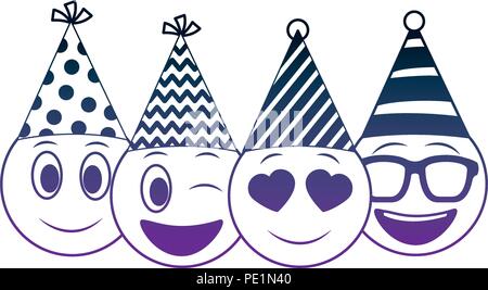 Compleanno emojis faccia celebrare con party hat design al neon Illustrazione Vettoriale