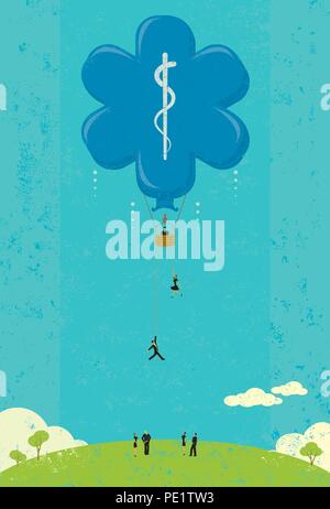 Aumento del costo delle cure sanitarie. Le persone vedono il crescente costo della sanità come una mongolfiera in aumento nel cielo. Illustrazione Vettoriale
