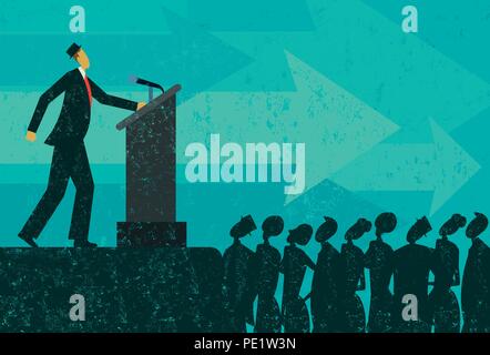 Altoparlante pubblico. Un imprenditore di dare un discorso ad una folla di persone. Illustrazione Vettoriale