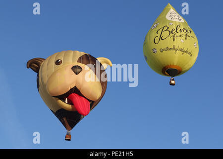 Ashton Court, Bristol, Regno Unito. 11 Agosto, 2018. Questa mattina ha visto 108 palloncini decollare da Ashton Court in un lancio di massa come parte del quarantesimo annuale di Bristol International Balloon Fiesta. Tenuto per quattro giorni la fiesta normalmente vedere messa lancia su la mattina e la sera della finale di tre giorni, tuttavia a causa delle condizioni meteo e venti forti e questo è stato il primo lancio di massa del 2018 Fiesta. Con l'evento 2018 celebra 40 anni di International Fiesta un numero maggiore di forma speciale di palloncini erano presenti rispetto al normale. Credito: Paolo mazzetto/Alamy Live News Foto Stock