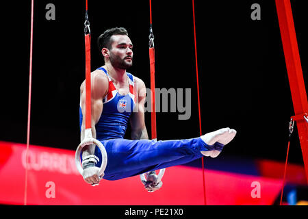 Glasgow, Regno Unito, 11 agosto 2018. Glasgow, Regno Unito, 11 agosto 2018. HALL James (GBR) compete la anelli ancora in uomini di Ginnastica Artistica finali del Team durante i Campionati Europei Glasgow 2018 al SSE Idro il Sabato, 11 agosto 2018. GLASGOW Scozia. Credito: Taka G Wu Foto Stock