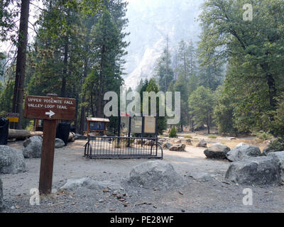 Il parco nazionale di Yosemite, STATI UNITI D'AMERICA. 10 Ago, 2018. Un vuoto di campeggio. La Yosemite Valley è una delle più grandi attrazioni turistiche negli Stati Uniti. Ma gli incendi boschivi hanno reso la California il Parco di natura deserta, area riservata. Credito: Barbara Munker/dpa/Alamy Live News Foto Stock