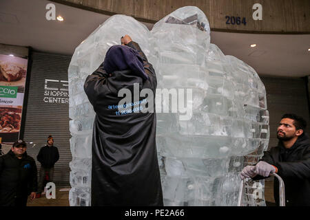 São Paulo, Brasile. 12 Ago, 2018. Un enorme elefante a forma di scultura di ghiaccio quasi 3 metri di altezza e 6 tonnellate all'aperto di fusione è visto a Paulista Avenue a Sao Paulo il 12 agosto 2018. Si tratta di un azione per attirare l attenzione per il giorno dell'elefante, l'idea di ''''''l'intervento a freddo è di mettere in guardia circa il rischio di estinzione delle specie. Credito: Dario Oliveira/ZUMA filo/Alamy Live News Foto Stock