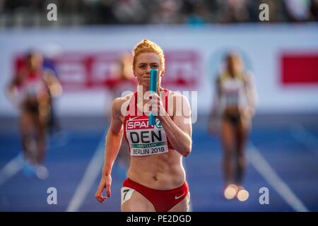 Mette Graversgaard di Â Danimarca, Ida Kathrine Karstoft di Â Danimarca, Mathilde Kramer di Â Danimarca e Louise Ã˜stergÃ¥rd del Â Danimarca durante 4 volte 100 metro finale per le donne, l'impostazione di un nuovo record di 44.09 secondi presso lo Stadio Olimpico di Berlino con il Campionato Europeo di Atletica Leggera su 12/8/2018. Foto Stock