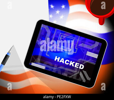 Schermata di hacking Cyber violazione dei dati 3D illustrazione Mostra avviso di protezione dal Web Spionaggio sul tablet. Protezione contro attacchi di hacker da russi. Foto Stock