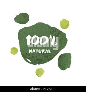 100% naturale banner con testo e forme astratte. Caratteri scritti a mano. Elemento per il graphic design - emblema, poster, volantini, tag, menu. Vector illus Illustrazione Vettoriale