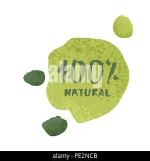 100% naturale banner con testo e forme astratte. Caratteri scritti a mano. Elemento per il graphic design - emblema, poster, volantini, tag, menu. Vector illus Illustrazione Vettoriale