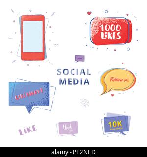 Social media set di banner con scritte isolati su sfondo bianco. Telefono e discorso bolla forme. La ringrazio, 10K seguaci, Follow Me, 1000 li Illustrazione Vettoriale