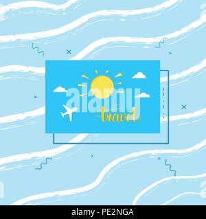 Piazza di viaggio banner. Carta con carta stile di taglio di forme geometriche, badge, lettere scritte a mano e linee di sfondo dell'acqua. Modello per la progettazione di vacanza Illustrazione Vettoriale