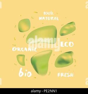 Set di forme organiche con il testo. Caratteri scritti a mano naturale al cento per cento, Eco Bio, fresche, organico. Elemento per il graphic design - emblema, poster, volantini, tag Illustrazione Vettoriale