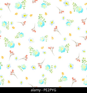 Modello senza cuciture con blu turchese e fiori d'arancio, un ramoscello con fiori di colore rosso e verde ramo astratta su uno sfondo bianco. Acquerello Foto Stock