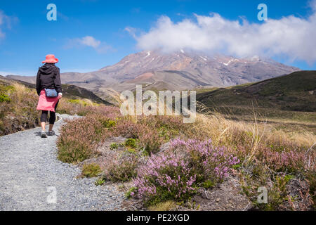 Una donna che cammina verso il Monte Ruapehu nel Parco Nazionale di Tongariro Foto Stock