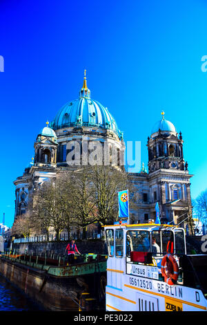 Il Berliner Dom come si vede dal Fiume Sprea a Berlino, Germania Foto Stock