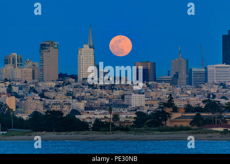 Panorama del sorgere della luna rosa sopra San Francisco Downtown landmarks visto dalla Marina del Distretto di San Francisco, California, Stati Uniti d'America Foto Stock