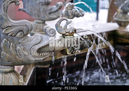 Fantasia di bronzo pesci ad delphinbrunnen a Ulm in Germania, il gocciolamento di acqua Foto Stock