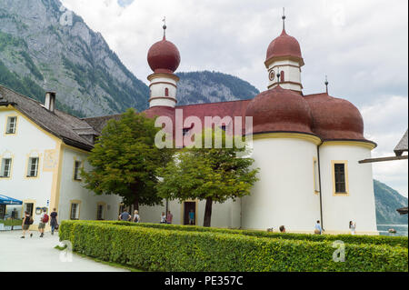 St Bartholomews Chiesa, lago konigssee, Parco Nazionale di Berchtesgaden Baviera Germania Foto Stock