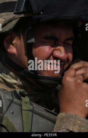 Nuova Zelanda esercito Pvt. Tettau Nuku, un rifleman con il primo Royal New Zealand Reggimento di Fanteria, prepara per pattugliare le acque Marine Corps base Camp Pendleton, la California il 7 settembre 5, 2015, durante l'esercizio Alba Blitz 2015. Alba Blitz è una multinazionale esercizio di formazione progettate per migliorare Expeditionary Strike gruppo tre e 1° Marine Expeditionary Brigade la capacità di condotta mare operazioni basate su anfibio, degli sbarchi e il comando e le capacità di controllo a fianco di Giappone, Messico e Nuova Zelanda. (U.S. Marine Corps foto di PFC. Nathaniel Castillo, 1° Divisione Marine combattere la telecamera/rilasciato) Foto Stock