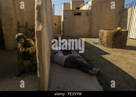 Nuova Zelanda esercito Pvt. Rian Davies, rifleman con the1st Royal New Zealand Reggimento di Fanteria, si guarda intorno un muro al Marine Corps base Camp Pendleton, la California il 7 settembre 8, 2015 durante l'esercizio Alba Blitz 2015. Alba Blitz è una multinazionale esercizio di formazione progettate per migliorare Expeditionary Strike gruppo tre e 1° Marine Expeditionary Brigade la capacità di condotta mare operazioni basate su anfibio, degli sbarchi e il comando e le capacità di controllo a fianco di Giappone, Messico e Nuova Zelanda. (U.S. Marine Corps foto di PFC. Nathaniel Castillo, 1° Divisione Marine combattere la telecamera/rilasciato) Foto Stock