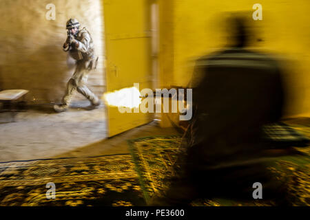 Nuova Zelanda esercito Pvt. Matt Wakenell, un rifleman con il primo Royal New Zealand reggimento di fanteria si impegna con un bersaglio durante un terreno urbano gamma al Marine Corps base Camp Pendleton, la California il 7 settembre 8, 2015 durante l'esercizio Alba Blitz 2015. Alba Blitz è una multinazionale esercizio di formazione progettate per migliorare Expeditionary Strike gruppo tre e 1° Marine Expeditionary Brigade la capacità di condotta mare operazioni basate su anfibio, degli sbarchi e il comando e le capacità di controllo a fianco di Giappone, Messico e Nuova Zelanda. (U.S. Marine Corps foto di PFC. Nathaniel Castillo, 1° Divisione Marine combattere Foto Stock