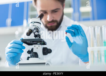 Laboratorio biologico. Messa a fuoco selettiva di un microscopio professionale essendo utilizzato da una bella scienziato professionale per la ricerca biologica Foto Stock