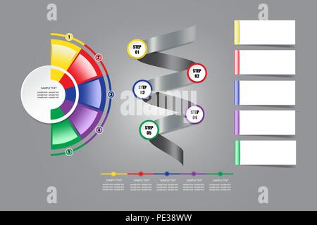 Infografico moderno etichette come un cerchio colorato e semicerchio intorno pronto per il tuo testo. Per il testo è possibile usare anche un altro rettangoli, timeline Illustrazione Vettoriale