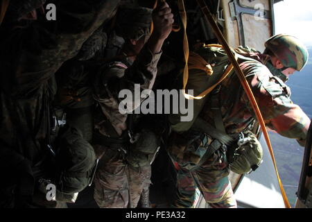 Un tedesco jumpmaster esce belga e British paracadutisti sett. 19 dal tedesco C-160 aerei sopra il Ginkels Heide zona di caduta durante un combinato di airborne funzionamento per commemorare il 71esimo anniversario dell'operazione Market Garden. Il Giardino del mercato è stata la più grande operazione di aerei nella storia, che ha luogo su sett. 17-20, 1944. Circa mille paracadutisti provenienti dai Paesi Bassi, Stati Uniti, Germania, Italia, Belgio, Polonia e Regno Unito hanno partecipato all'anniversario. (U.S. Foto dell'esercito da 1Lt. Hannah Morgan, sedicesima brigata di supporto) Foto Stock