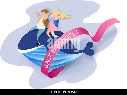 Si torna a scuola 1 settembre scheda con i bambini seduti sul whale volare nel cielo dello sfondo. Illustrazione Vettoriale. Carta tagliata e stile di artigianato. Illustrazione Vettoriale