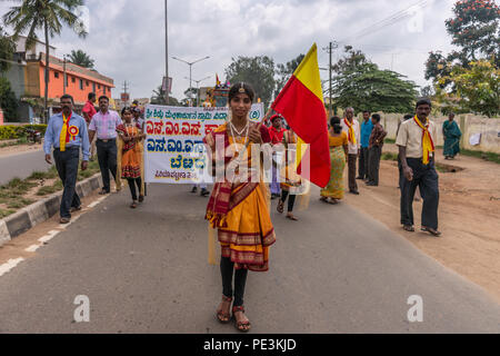 Mellahalli, Karnataka, India - 1 Novembre 2013: Karnataka Rajyotsava Parade. La scuola Sree Shidlu Malikarjuna Swamy ente di istruzione marche p Foto Stock