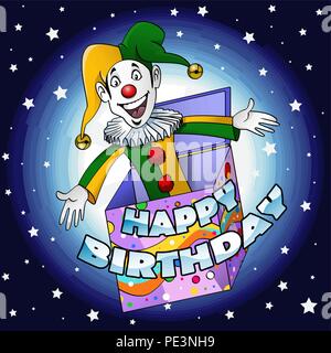 Cartoon-style immagine: una divertente jester salta fuori da una scatola regalo scrivendo "Happy birthday" è facile da spostare o eliminare in formato vettoriale EPS Illustrazione Vettoriale