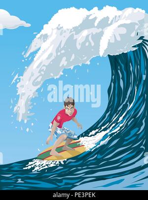 Cartoon illustrazione di un cool surfer a cavallo di una grande onda oceanica Illustrazione Vettoriale