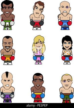 Nove burattini di divertente Boxer (sette uomini e due donne) su sfondo bianco Illustrazione Vettoriale