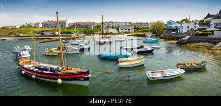 Nel Regno Unito, in Galles, Anglesey, Cemaes, storico scialuppa di salvataggio, offerte e vela boatsmoored nel porto, panoramica Foto Stock