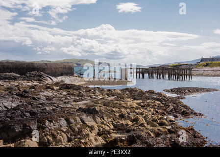 Vista del marciume pile formando il vecchio peir a Ellenabeich, Isle of Seil, Scozia Foto Stock