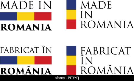 Semplice fatto in Romania / Fabricat in (traduzione in rumeno) etichetta. Il testo con i colori nazionali disposti orizzontali e verticali. Illustrazione Vettoriale