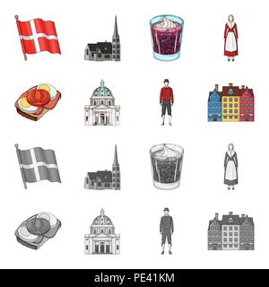 La Danimarca, la storia, il ristorante e l'altra icona in cartoon,stile monocromatico.Sandwich, cibo, pane icone nella raccolta di set Illustrazione Vettoriale