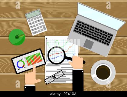 Analisi dei dati, panoramica dei grafici delle statistiche. Il vettore di ricerca infografico, process analytics illustrazione Illustrazione Vettoriale