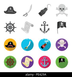 Pirata, bandit, timone, bandiera .Pirati set di icone di raccolta in monocromia,stile piatto simbolo vettore illustrazione stock . Illustrazione Vettoriale