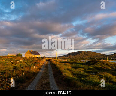 Track e cottage in pietra sull'isola di Inis Ni vicino a Roundstone in Connemara Irlanda Foto Stock