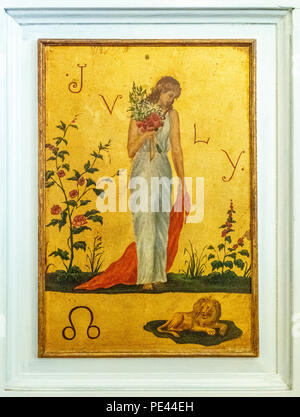I pannelli della porta nel salone del Museo degli Scrittori di Dublino dipinta su foglia oro mostra malinconica classica donne in rappresentanza di mesi dell'anno e zodiaco Foto Stock