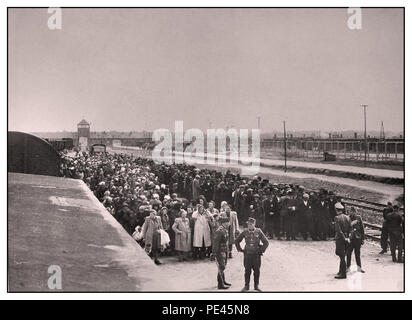 ARRIVO DEI PRIGIONIERI DELL'OLOCAUSTO AD AUSCHWITZ-BIRKENAU - Una visione dell'inferno sulla terra. 1944. Le truppe naziste in uniforme militare indossano scarponi da scialuppa di grado (vita o morte) ignari prigionieri di sesso maschile e femminile sul convitto ferroviario all'esterno dell'ingresso del campo di sterminio di Auschwitz-Birkenau. Il famigerato campo di Auschwitz fu iniziato per ordine di Adolf Hitler nel 1940 durante l'occupazione della Polonia da parte della Germania nazista durante la guerra mondiale del 2. Fu entusiasticamente abilitato da Heinrich Luitpold Himmler, il Reichsführer dello Schutzstaff, e membro principale del Partito nazista della Germania. Foto Stock