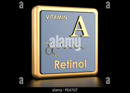 La vitamina A, retinolo. Icona, la formula chimica di struttura molecolare. Il rendering 3D Foto Stock