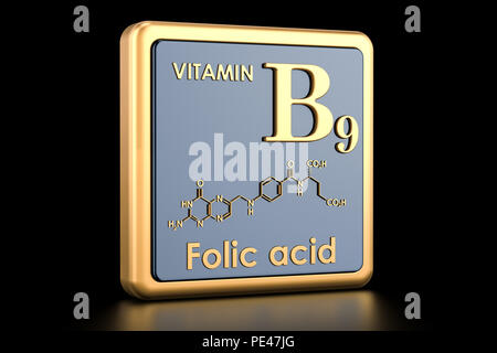 La vitamina B9, acido folico. Icona, la formula chimica di struttura molecolare. Il rendering 3D Foto Stock